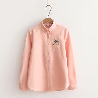 Embroidered Stand-collar Long-sleeved Pocketed Blouse