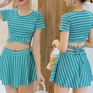 Set: Short-sleeve Striped Swim Top + Striped Swim Skirt