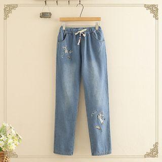 Drawstring Waist Embroidered Straight-fit Jeans