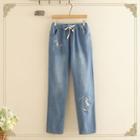 Drawstring Waist Embroidered Straight-fit Jeans