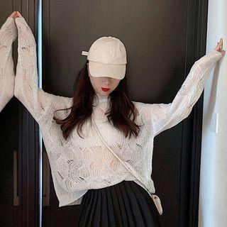 Plain Long-sleeve Knit Top Grayish White - One Size
