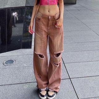 Distressed Tie-dye Straight-leg Pants