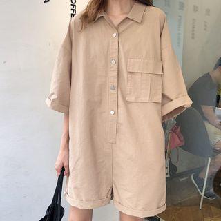 Elbow-sleeve Plain Shirt Playsuit As Shown In Figure - One Size