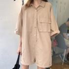 Elbow-sleeve Plain Shirt Playsuit As Shown In Figure - One Size