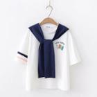 Sailor Collar Short-sleeve T-shirt / Cat Ear Print Elbow-sleeve T-shirt