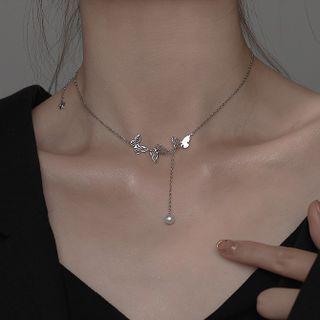 Butterfly Faux Pearl Necklace 1pc - Silver - One Size