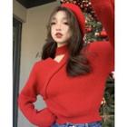 Long-sleeve V-neck Plain Knit Top / Woolen Beret