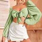 Long-sleeve Square Neck Tie-front Cropped Top