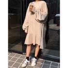 Balloon-sleeve Ruffle-hem Midi Pullover Dress