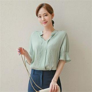 Open-placket Shirred-sleeve Blouse