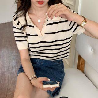 Short-sleeve Striped Collar Knit Top
