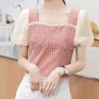 Puff-sleeve Panel Gingham Square-neck Blouse