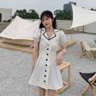 Puff-sleeve Notch Lapel Mini A-line Dress Off-white - One Size