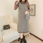 Set: Mock-neck Knit Top + Gingham Overall Dress + Crossbody Bag