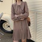 Long-sleeve Collared Pleated Chiffon A-line Dress