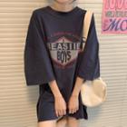 Elbow-sleeve Oversize Printed T-shirt Gray - One Size