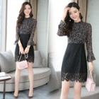 Bell-sleeve Floral Print Panel Lace Dress