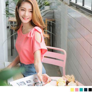 Short Sleeve Cold Shoulder Bow Accent Top