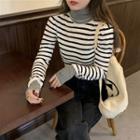 Turtle-neck Contrast-panel Striped Top White - One Size