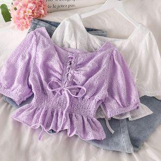 Eyelet Lace Short-sleeve Slim-fit Top