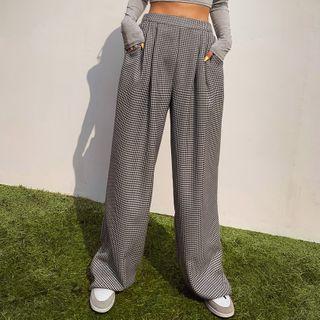 High Band-waist Houndstooth Wide-leg Pants