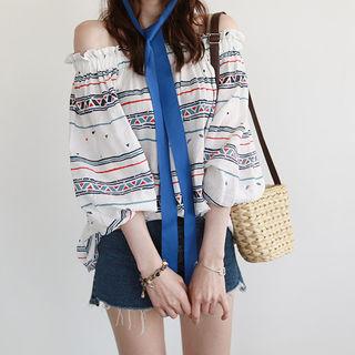 Off-shoulder Balloon-sleeve Pattern Top