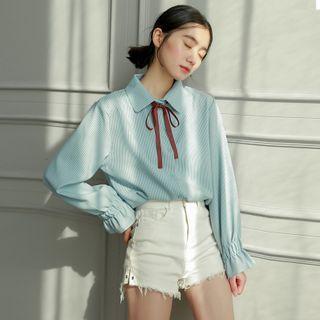 Long-sleeve Bow-neck Blouse Blue - One Size