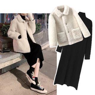 Faux Shearling Jacket / Long-sleeve Midi A-line Knit Dress