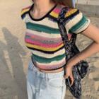 Short Sleeve Rainbow Striped Knit T-shirt Color - One Size