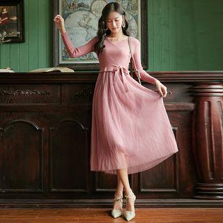 Tie-waist Long-sleeve Midi A-line Dress