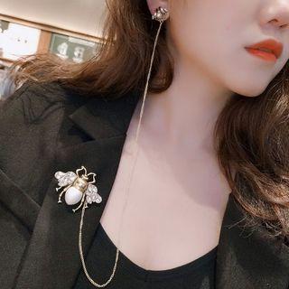 2 In 1 Bee Rhinestone Faux Pearl Chained Earring Brooch Gold - One Size