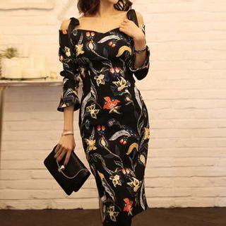 3/4-sleeve Printed Cutout Dress