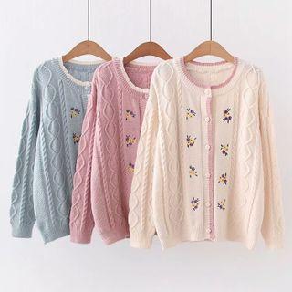 Flower Embroidered Cable-knit Cardigan White - One Size