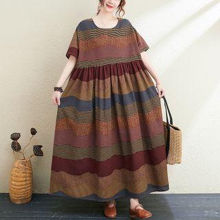 Short-sleeve Striped Maxi A-line Dress Stripes - Coffee - One Size