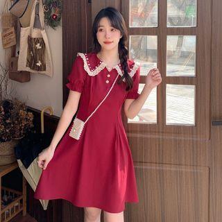 Short-sleeve Collar Lace Trim A-line Dress
