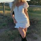 Drawstring Short Sleeve Ruffle Tie-front Mini Dress
