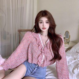 Flower Print Ruffle Blouse Floral - Pink - One Size
