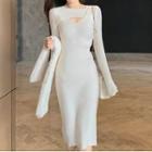Long-sleeve Plain Perforated Slim Fit Knit Dress