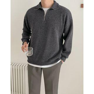 Mock-neck Zipped Ribbed-knit Top