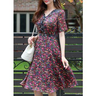 V-neck Floral Flare Dress