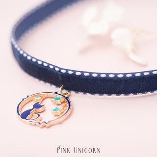Cat Pendant Faux Suede Choker Cat - Blue - One Size