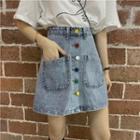 High Waist Button-up Denim Mini A-line Skirt