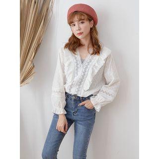 Long-sleeve Perforated Paneled Ruffled Blouse 01 - White - One Size