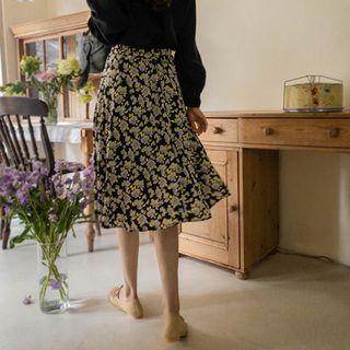 Flower-patterned Flared Midi Skirt