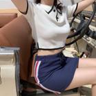 Short-sleeve Cropped Knit Polo Shirt / Contrast Trim A-line Skirt