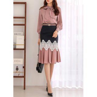 Contrast-ruffled Lace-trim Midi Skirt