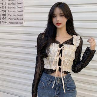 Long-sleeve Lace Crop Top / Tie-strap Ruffle Trim Camisole Top