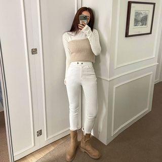 Double-button Slit-hem Skinny Pants