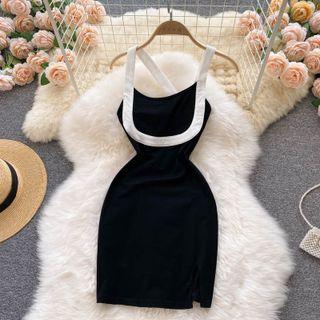 Color Block Panel Suspender Slit Dress