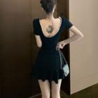 Short-sleeve Faux Pearl Open-back Mini A-line Dress